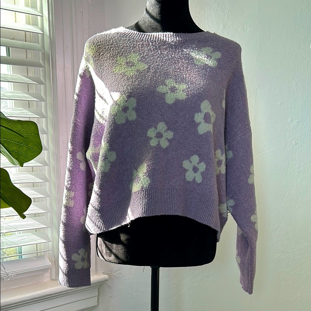 Lavender sweater with white flowers
